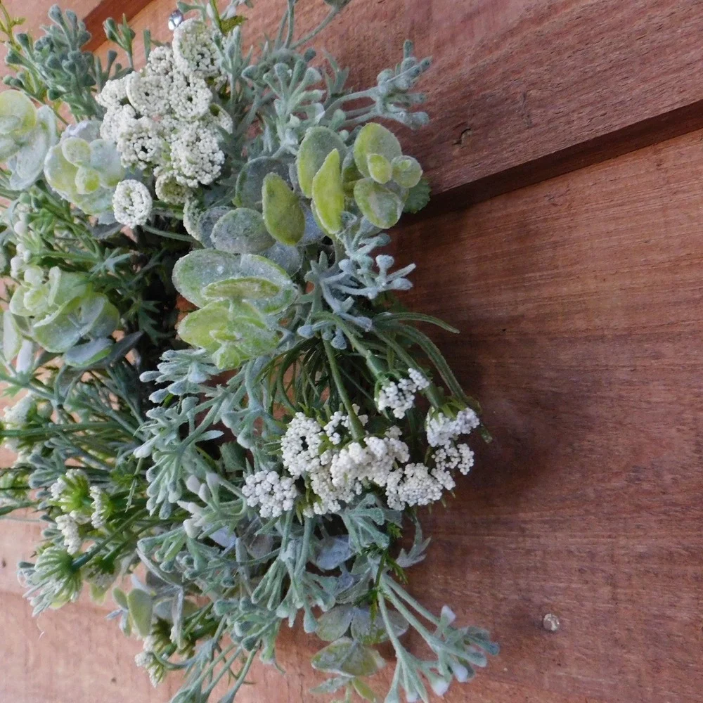 Dusty‎ Miller Mini Wreath, Eucalyptus, White Flowers, Candle Ring